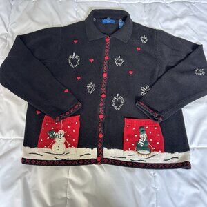 Vintage Karen Scott Snowman Sweater Cardigan Faux Fur Womens Large L Snowflakes